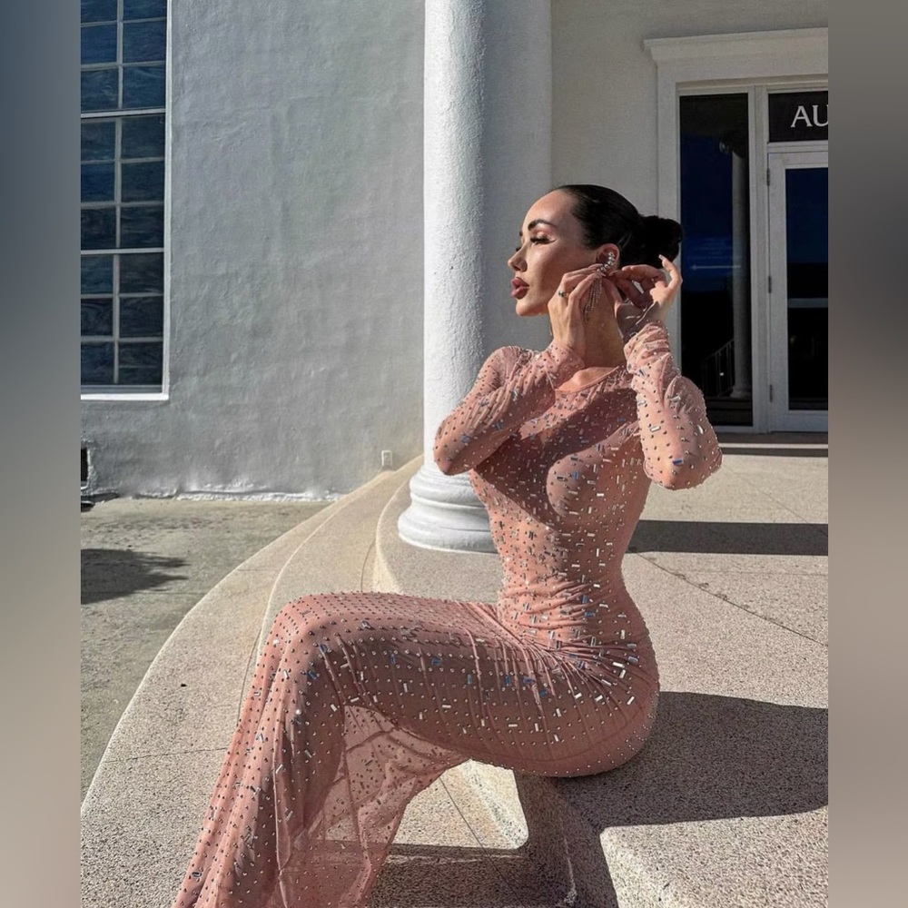 Artofcb Pink Sequin Mesh Maxi Dress - Women's Long Sleeve